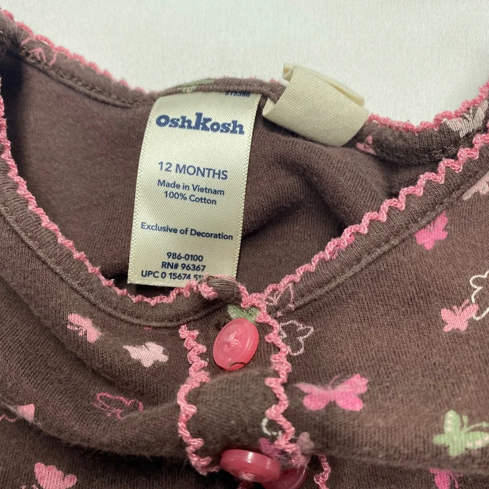 OshKosh Bgosh Baby Girls Brown Pink Butterfly Long Sleeve Cotton Dress 12M